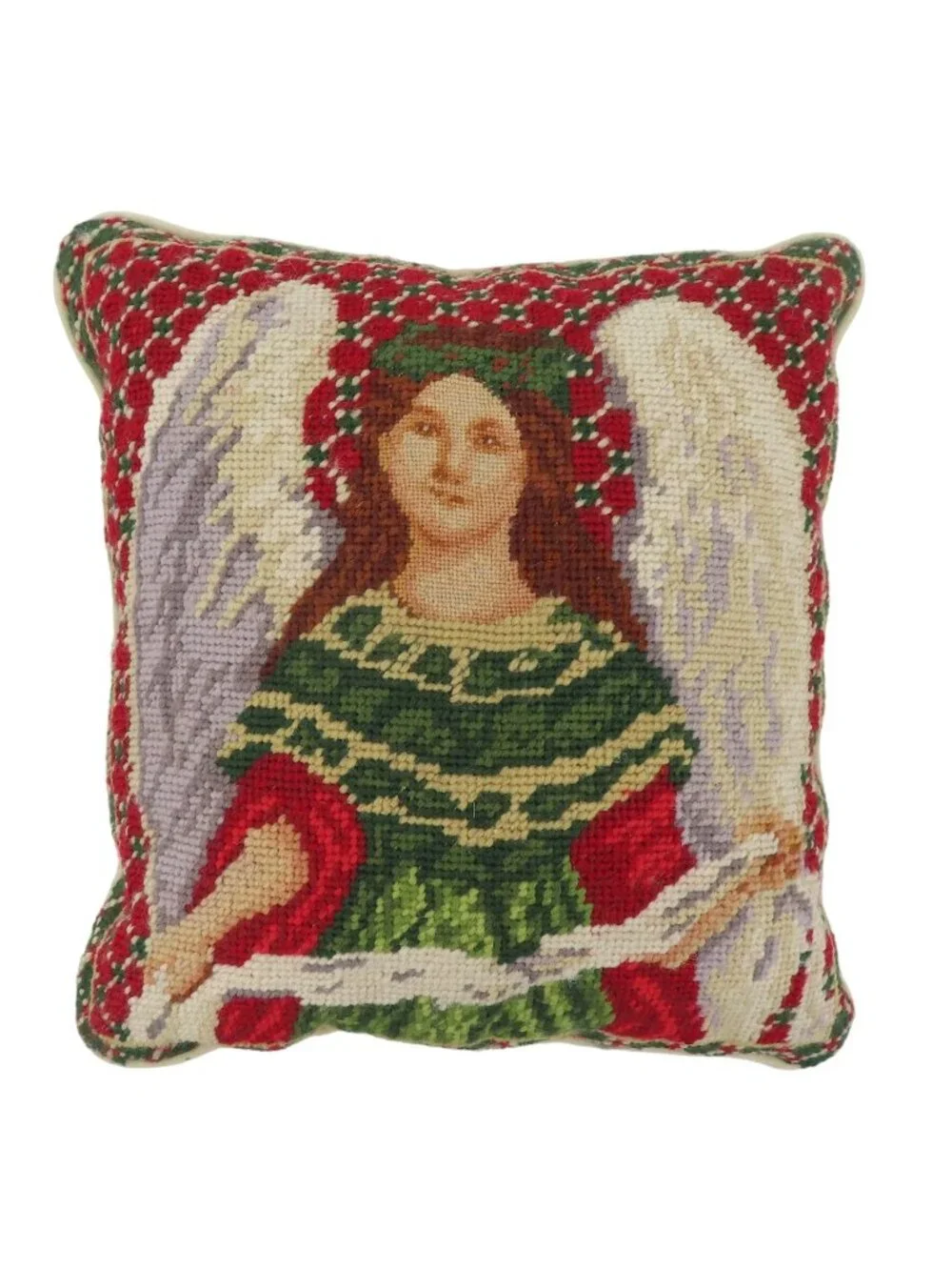 Wool Needlepoint Christmas Holiday Religious Angel 10.5in x 11.5in Pillow VTG